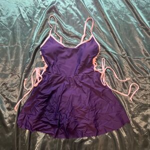 Blue & White Trim Tie Up Swim Dress Swim Suit Tummy Control Spandex